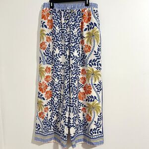 Haute Hippie Palazzo Linen Pants Size XL Wide Leg Blue White Palm Floral Boho